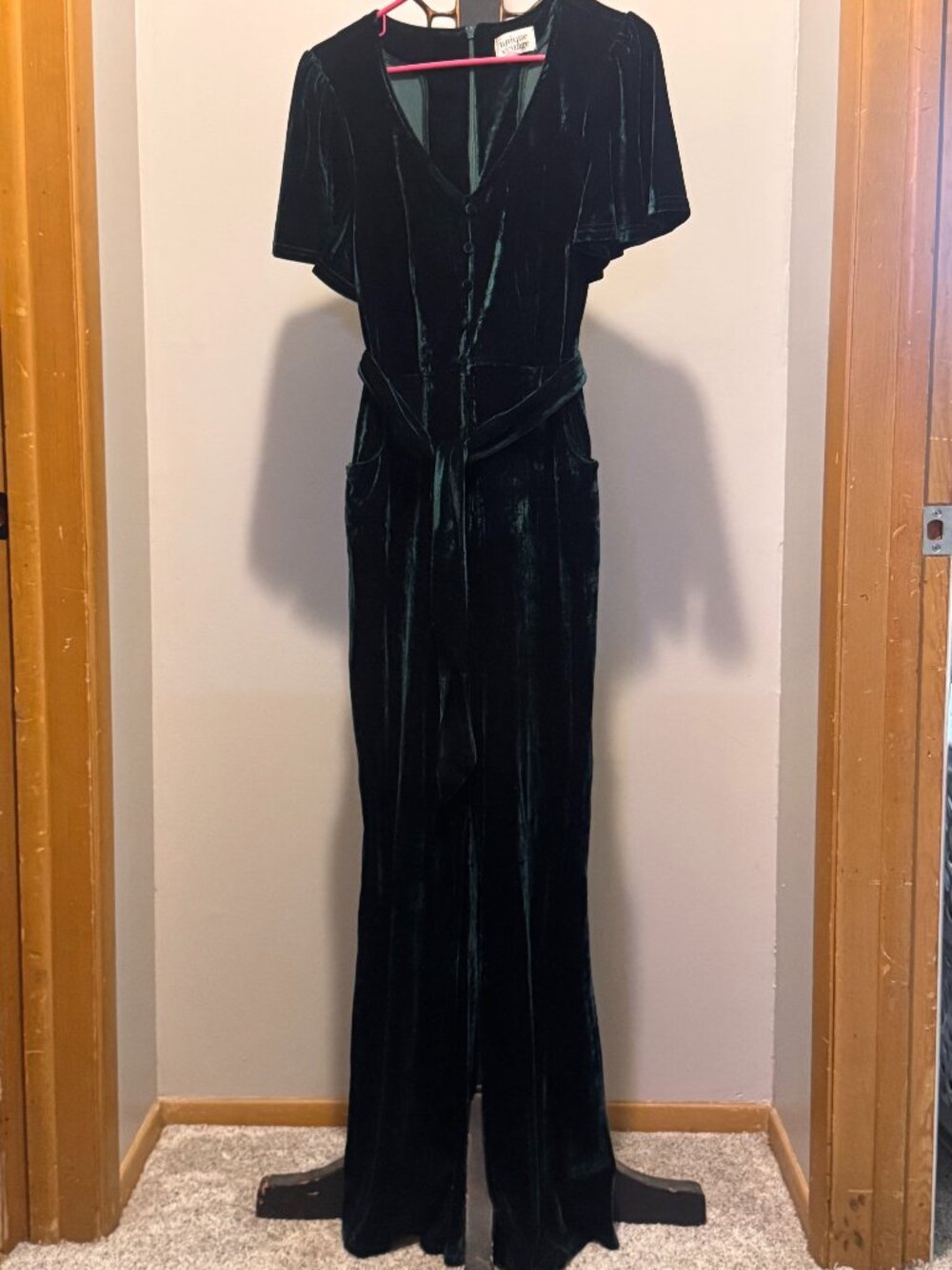 Unique Vintage Emerald Green Velvet Wide Leg Jumpsuit Sash Belt